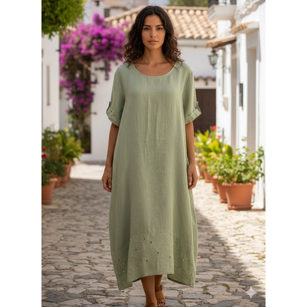 Rosemarine Italy Linen Lagenlook Midi Dress with Eyelet Lace Hem